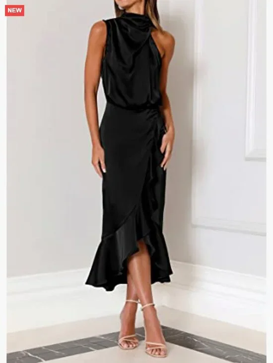 Satin Mock Neck Wrap Midi Dress Sleeveless Formal Cocktail Party - Picture 4 of 7